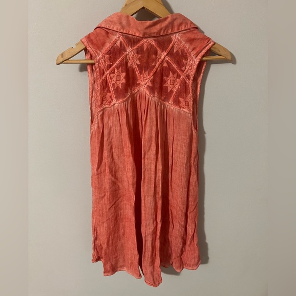 Free People Gauze Acid Wash Tie Dye Tunic Top Coral Boho Size XS Lace Collared - Picture 6 of 7